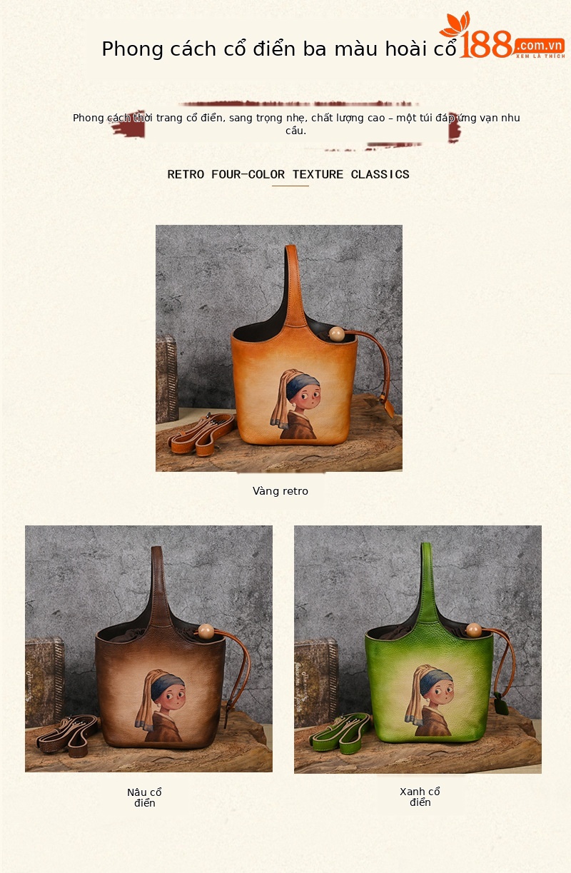Túi bucket nữ da bò thượng hạng phong cách cổ điển in họa tiết handmade — Vàng cổ điển, Nâu cổ điển, Màu xanh lá cây chi tiết 3
