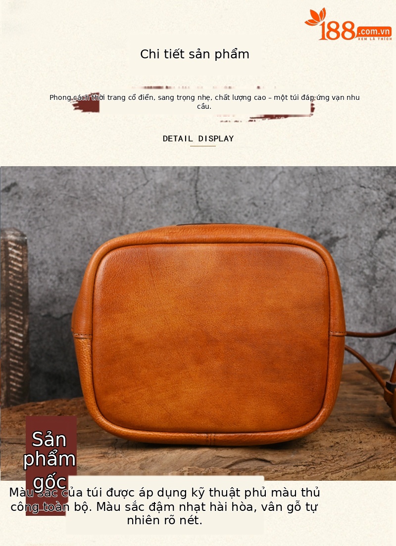 Túi bucket nữ da bò thượng hạng phong cách cổ điển in họa tiết handmade — Vàng cổ điển, Nâu cổ điển, Màu xanh lá cây chi tiết 5