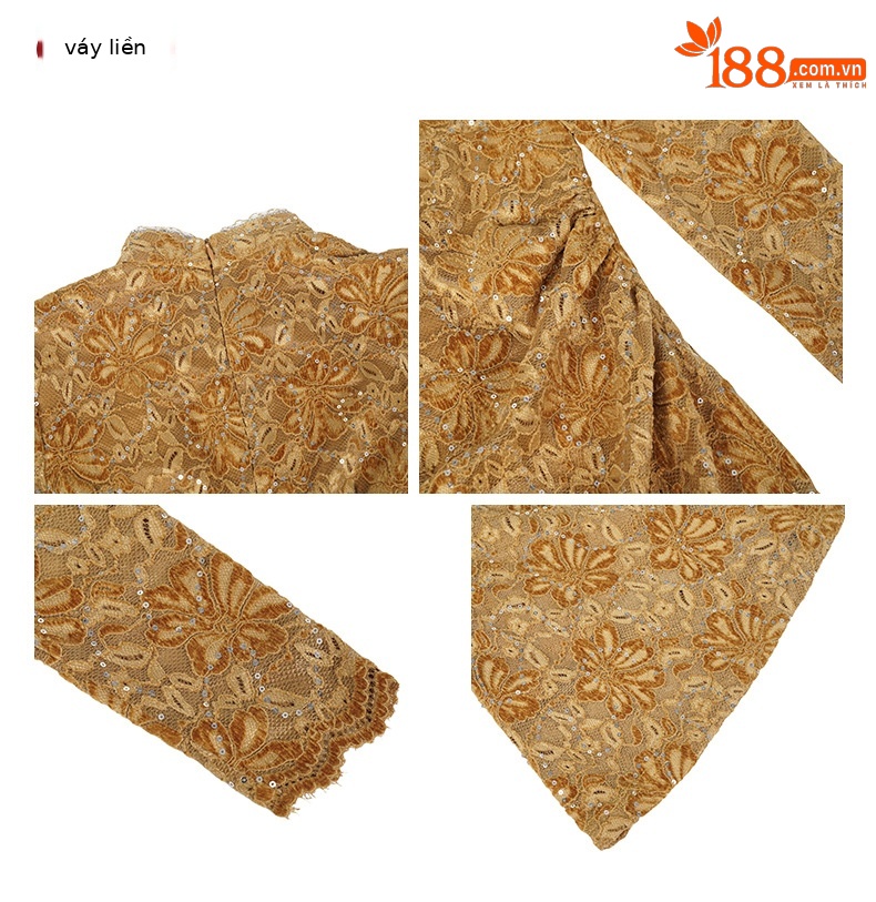 Đầm sườn xám ren ôm body cải tiến thiết kế rỗng — Vàng chi tiết 1