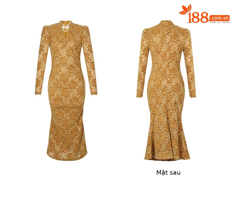 Đầm sườn xám ren ôm body cải tiến thiết kế rỗng — Vàng chi tiết 2