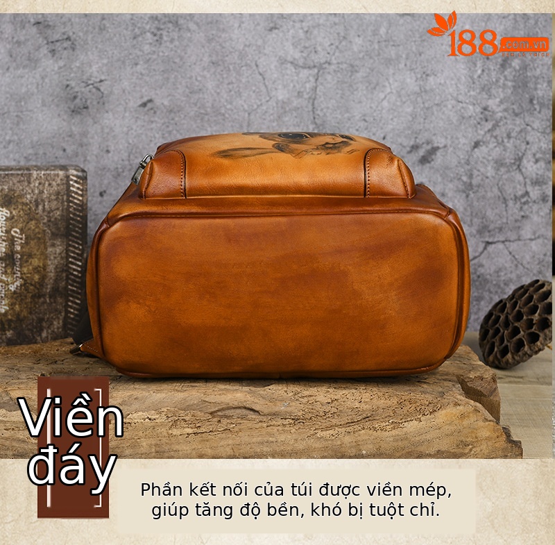 Ba lô da mini phong cách cổ điển Trung Hoa, chất da bò mặt đầu, tay xách và đeo vai — Vàng nâu cổ điển, Xám cổ điển, Màu xanh cổ điển, Nâu cổ điển chi tiết 11