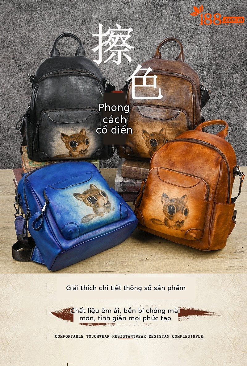 Ba lô da mini phong cách cổ điển Trung Hoa, chất da bò mặt đầu, tay xách và đeo vai — Vàng nâu cổ điển, Xám cổ điển, Màu xanh cổ điển, Nâu cổ điển chi tiết 1