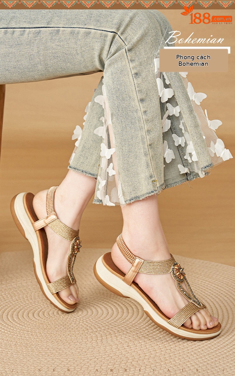 Sandal nữ đế mềm chống trượt phong cách Bohemian đính đá — Champagne màu, màu đen, màu vàng chi tiết 1
