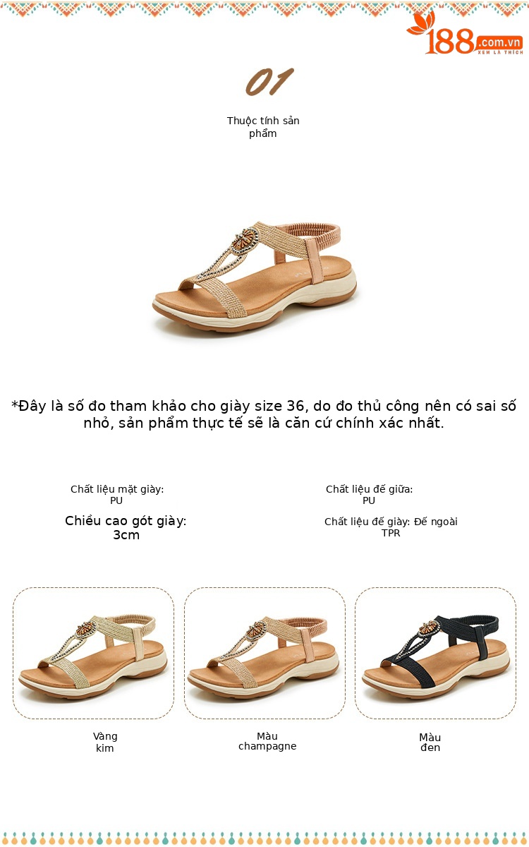 Sandal nữ đế mềm chống trượt phong cách Bohemian đính đá — Champagne màu, màu đen, màu vàng chi tiết 2