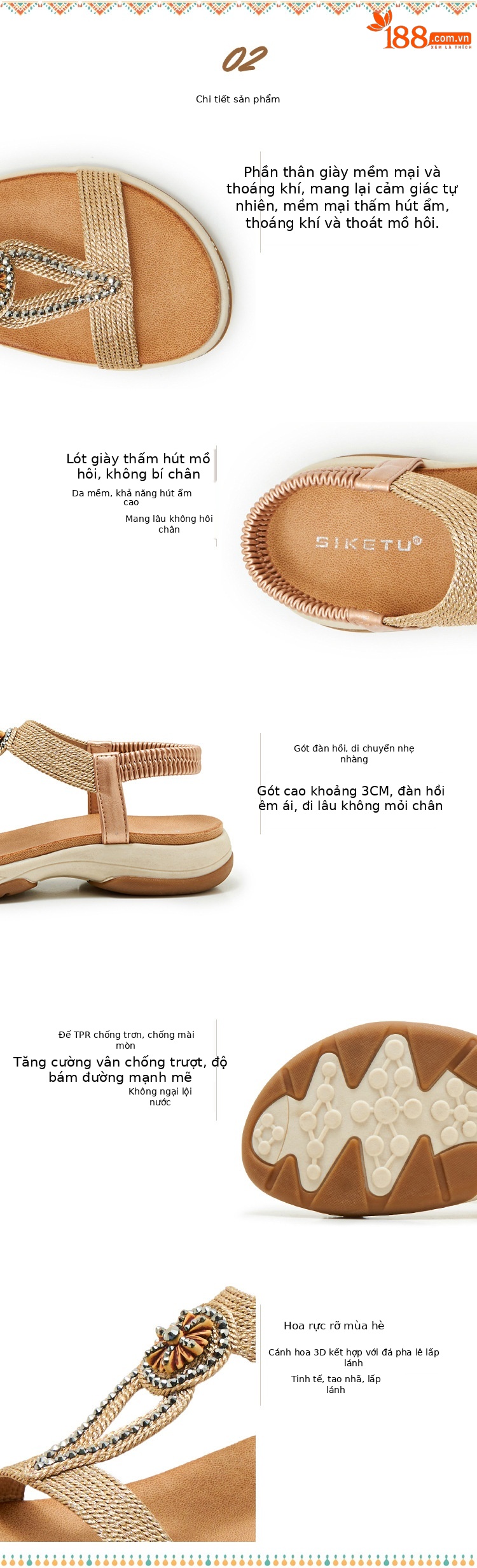 Sandal nữ đế mềm chống trượt phong cách Bohemian đính đá — Champagne màu, màu đen, màu vàng chi tiết 3