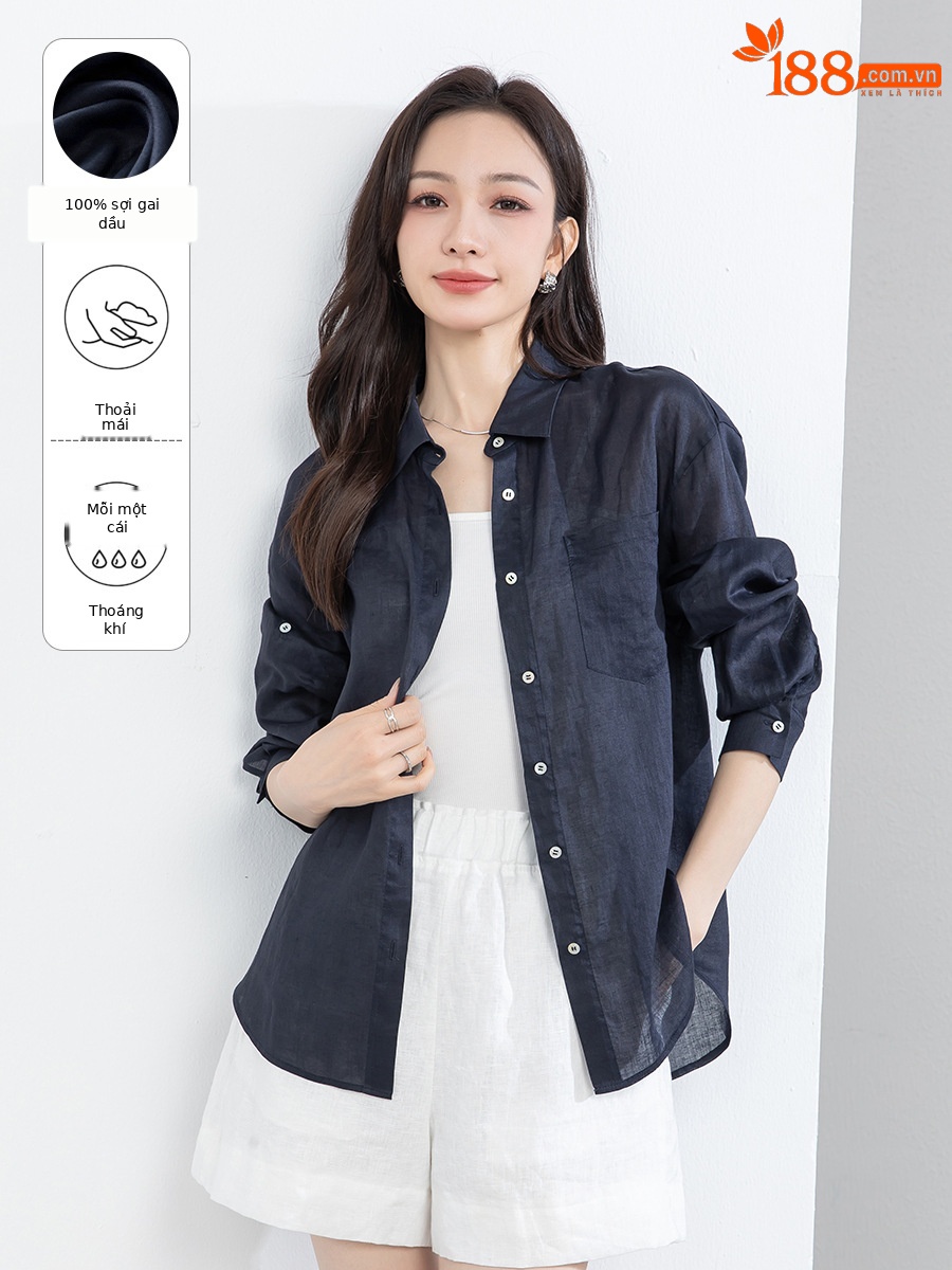 Áo chống nắng nữ dáng dài cổ V tay lỡ chất liệu ramie màu xanh navy — màu xanh navy