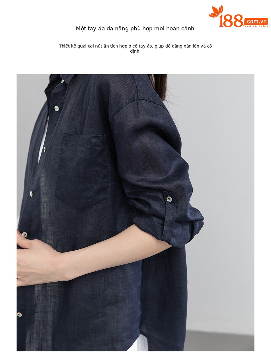 Áo chống nắng nữ dáng dài cổ V tay lỡ chất liệu ramie màu xanh navy — màu xanh navy