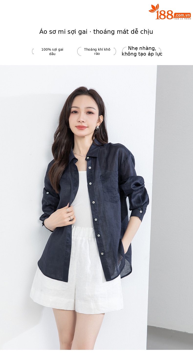 Áo chống nắng nữ dáng dài cổ V tay lỡ chất liệu ramie màu xanh navy — màu xanh navy chi tiết 1
