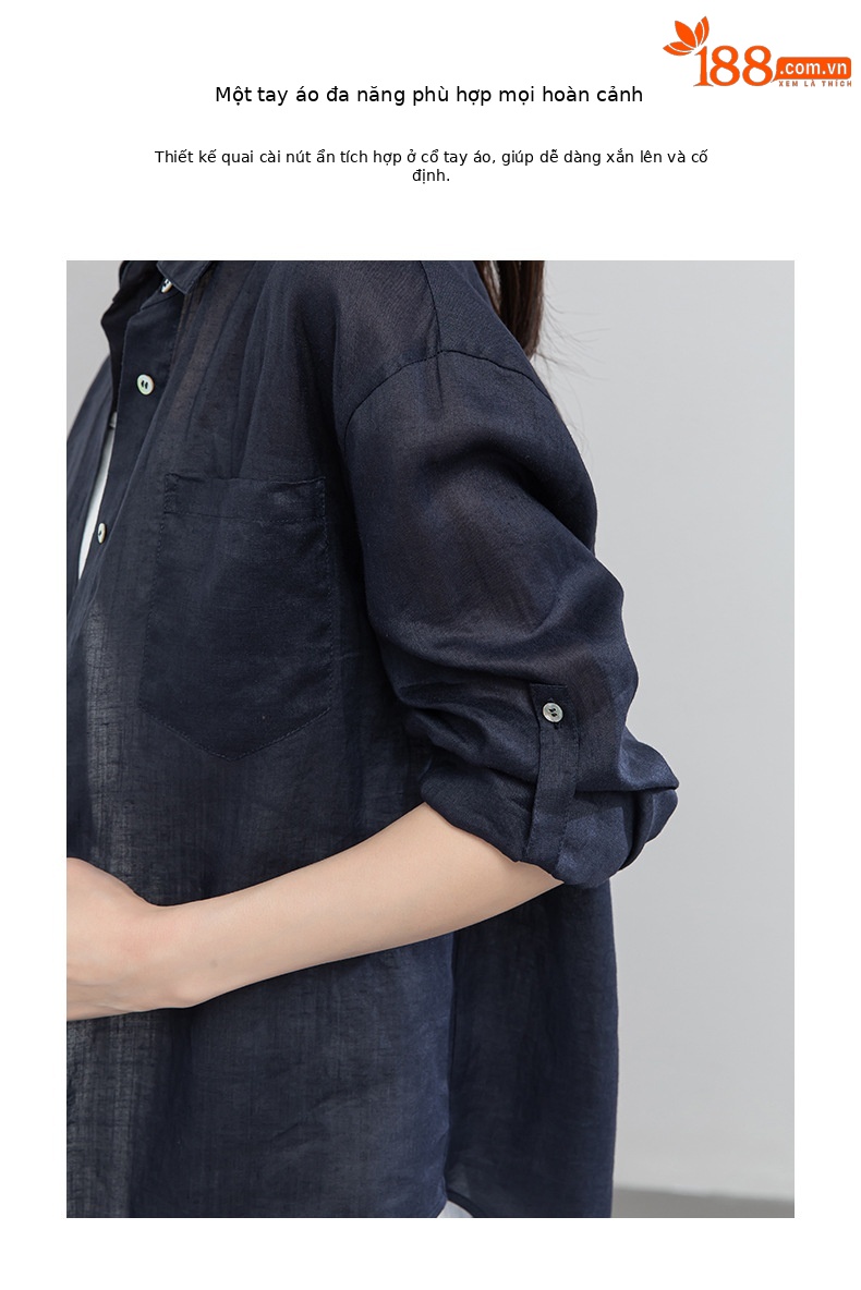 Áo chống nắng nữ dáng dài cổ V tay lỡ chất liệu ramie màu xanh navy — màu xanh navy chi tiết 5