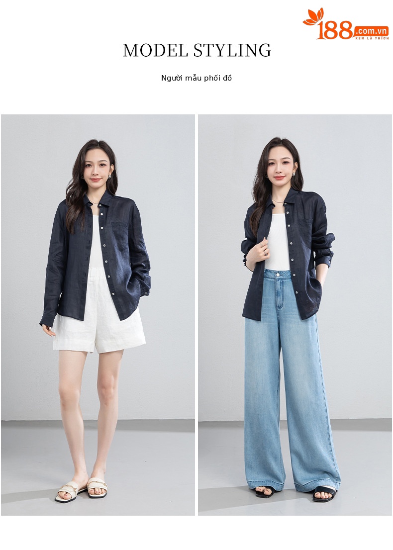 Áo chống nắng nữ dáng dài cổ V tay lỡ chất liệu ramie màu xanh navy — màu xanh navy chi tiết 7