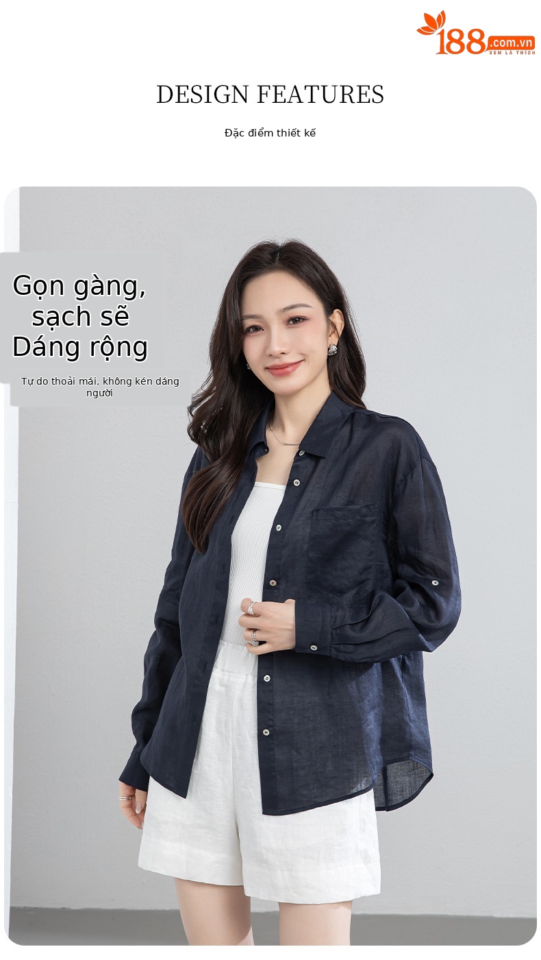 Áo chống nắng nữ dáng dài cổ V tay lỡ chất liệu ramie màu xanh navy — màu xanh navy chi tiết 8