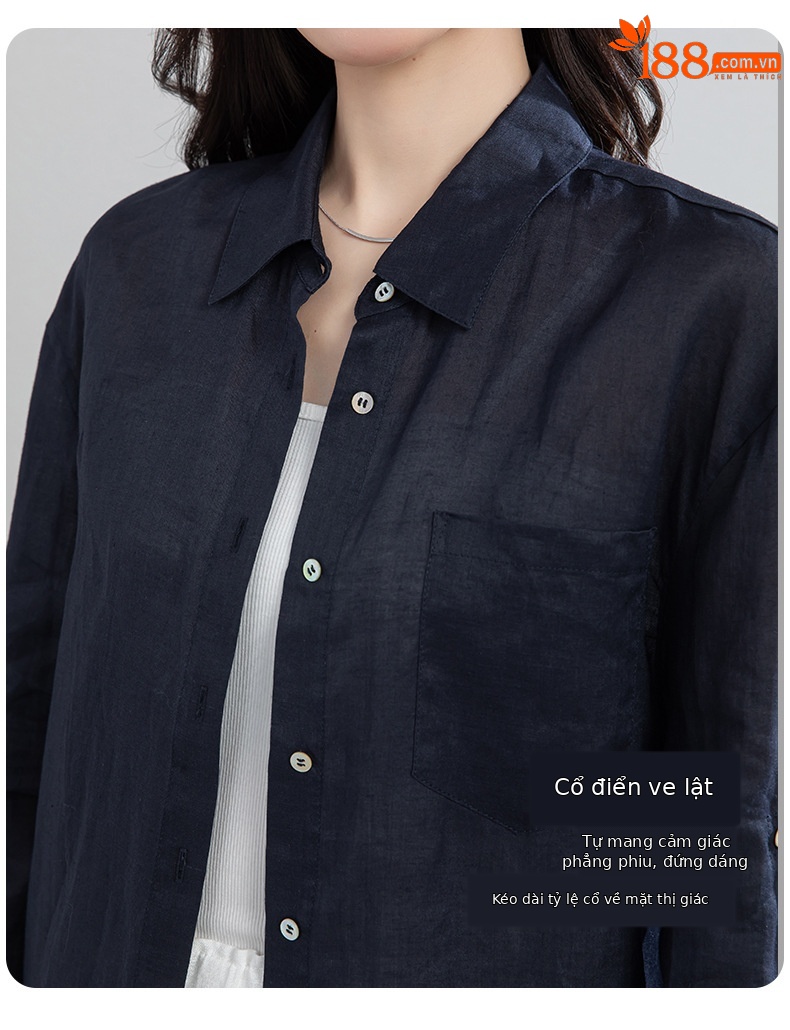 Áo chống nắng nữ dáng dài cổ V tay lỡ chất liệu ramie màu xanh navy — màu xanh navy chi tiết 9