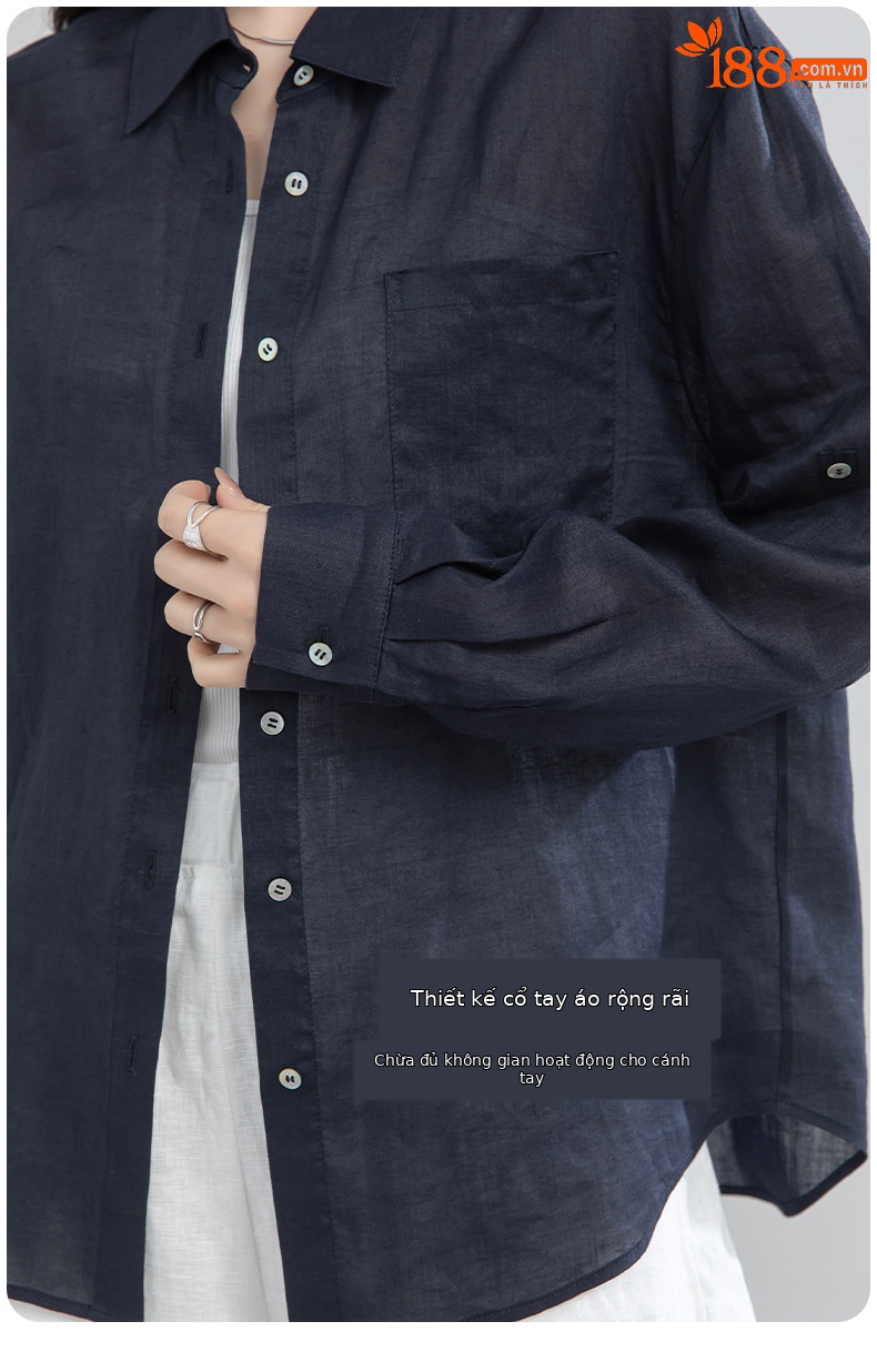 Áo chống nắng nữ dáng dài cổ V tay lỡ chất liệu ramie màu xanh navy — màu xanh navy chi tiết 10