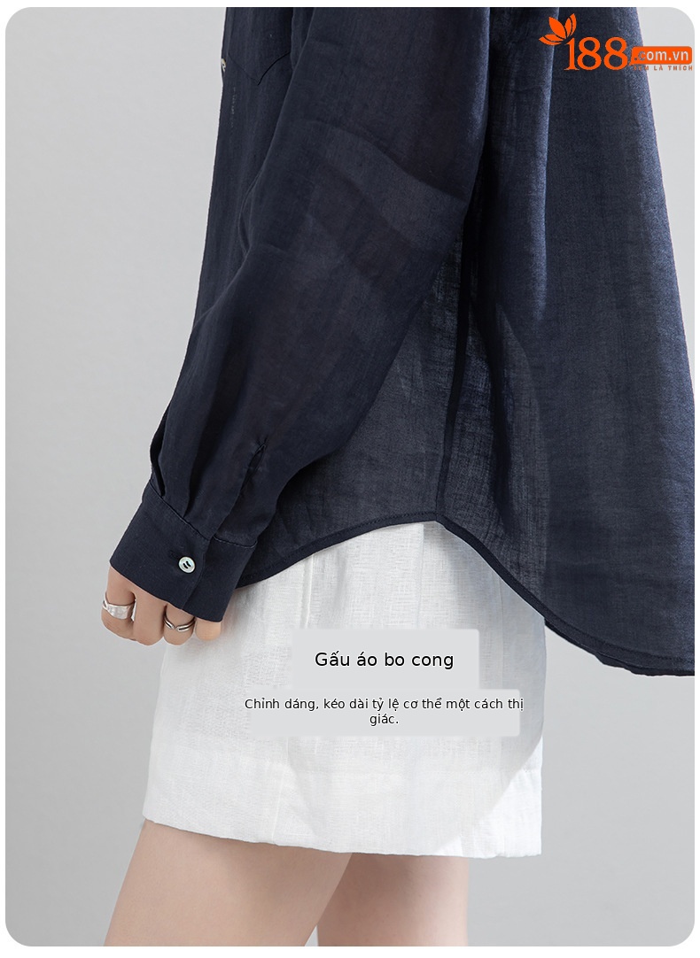 Áo chống nắng nữ dáng dài cổ V tay lỡ chất liệu ramie màu xanh navy — màu xanh navy chi tiết 11