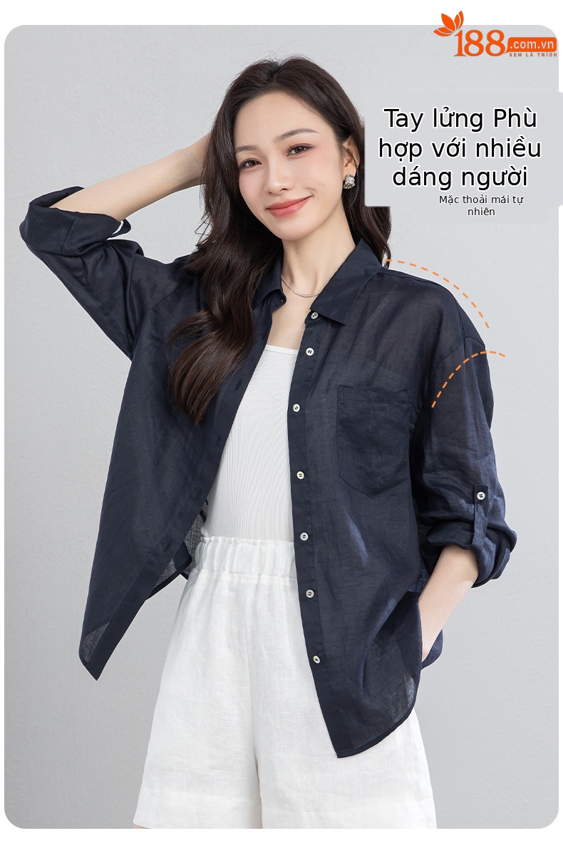 Áo chống nắng nữ dáng dài cổ V tay lỡ chất liệu ramie màu xanh navy — màu xanh navy chi tiết 12