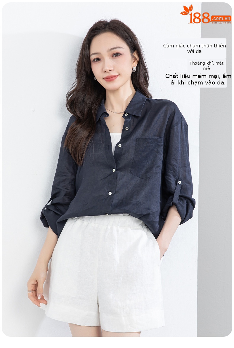 Áo chống nắng nữ dáng dài cổ V tay lỡ chất liệu ramie màu xanh navy — màu xanh navy chi tiết 13