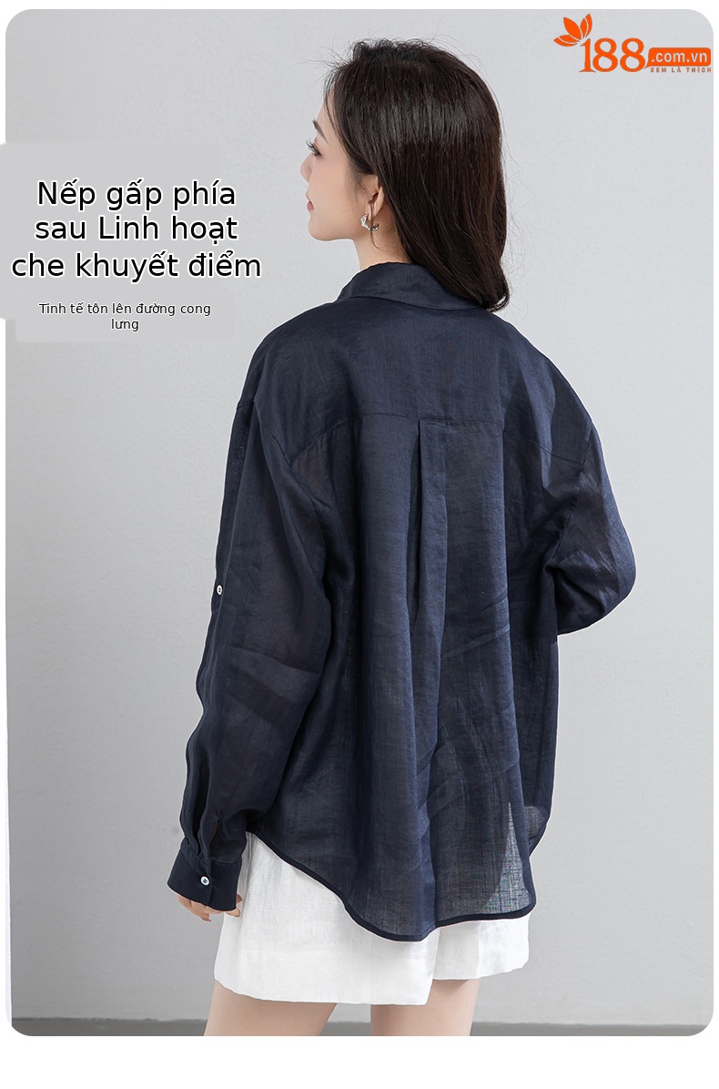 Áo chống nắng nữ dáng dài cổ V tay lỡ chất liệu ramie màu xanh navy — màu xanh navy chi tiết 14