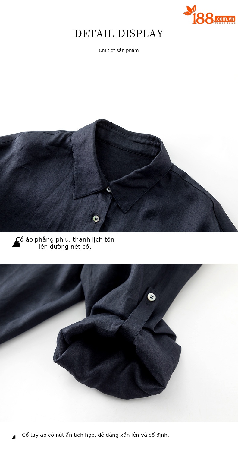 Áo chống nắng nữ dáng dài cổ V tay lỡ chất liệu ramie màu xanh navy — màu xanh navy chi tiết 15