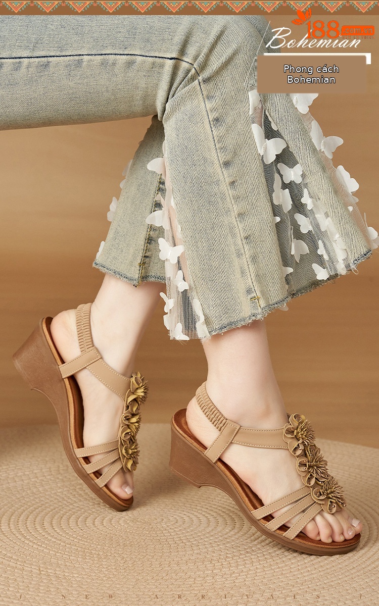 Sandal nữ quai mảnh họa tiết hoa đế xuồng cao gót 9 cm — màu nâu, màu đen, màu mơ chi tiết 1