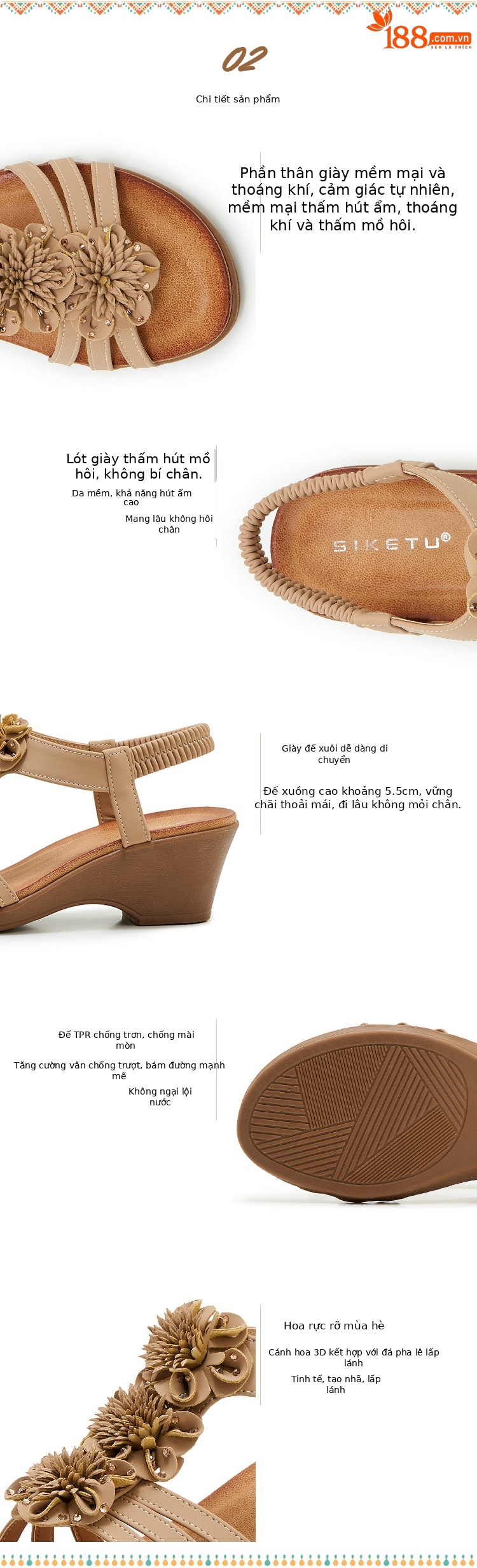 Sandal nữ quai mảnh họa tiết hoa đế xuồng cao gót 9 cm — màu nâu, màu đen, màu mơ chi tiết 3