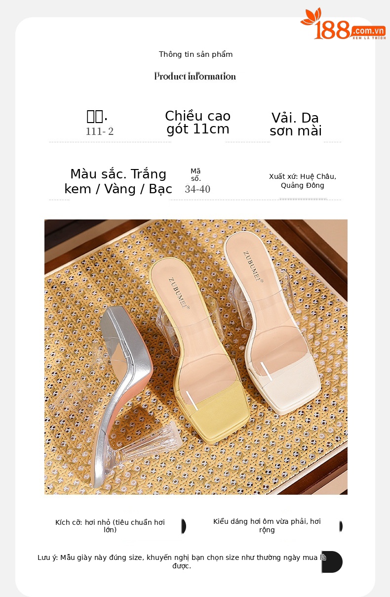 Sandal cao gót nữ quai ngang trong suốt mũi vuông gót nhọn 11 cm — Bạc-11cm chi tiết 3