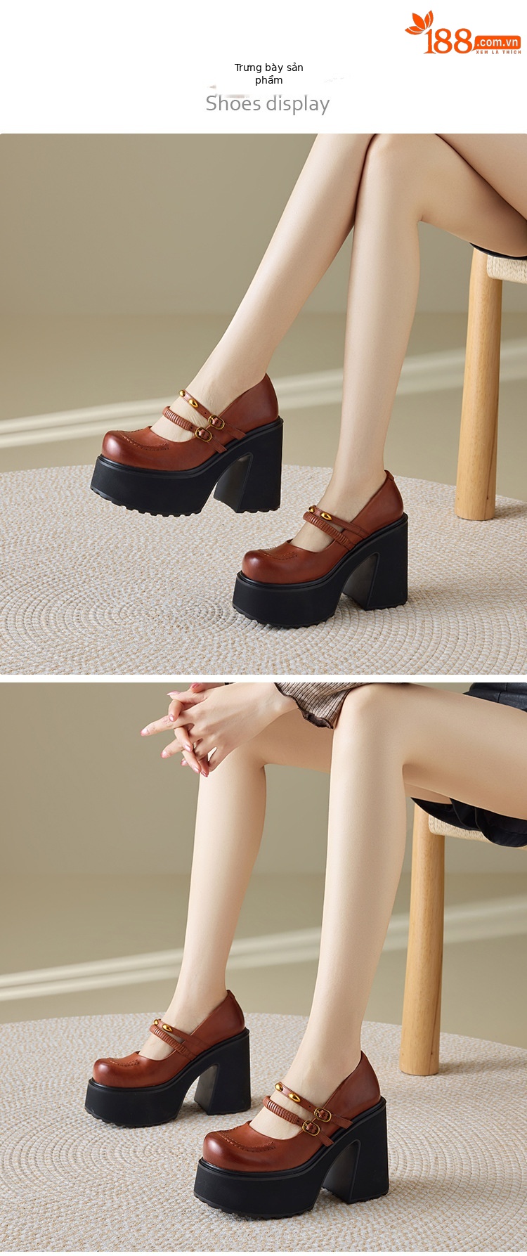 Giày Mary Jane nữ đế dày 12 cm phong cách cổ điển học sinh — màu nâu chi tiết 2
