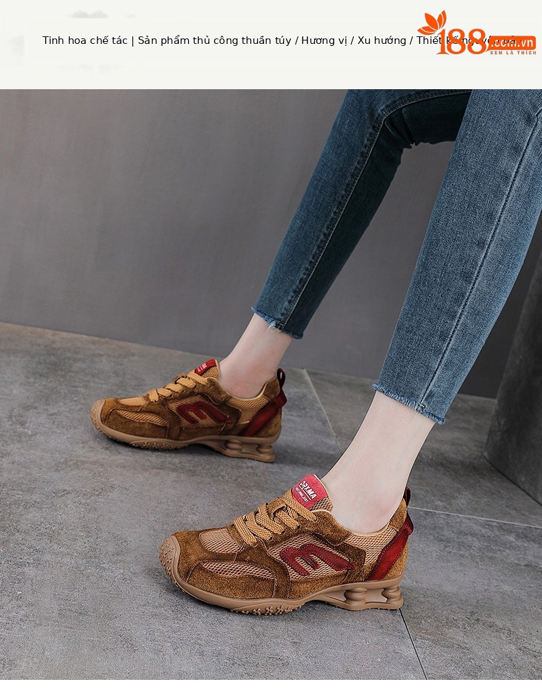 Giày sneaker nữ da thật phong cách cổ điển đế bệt — màu be chi tiết 1