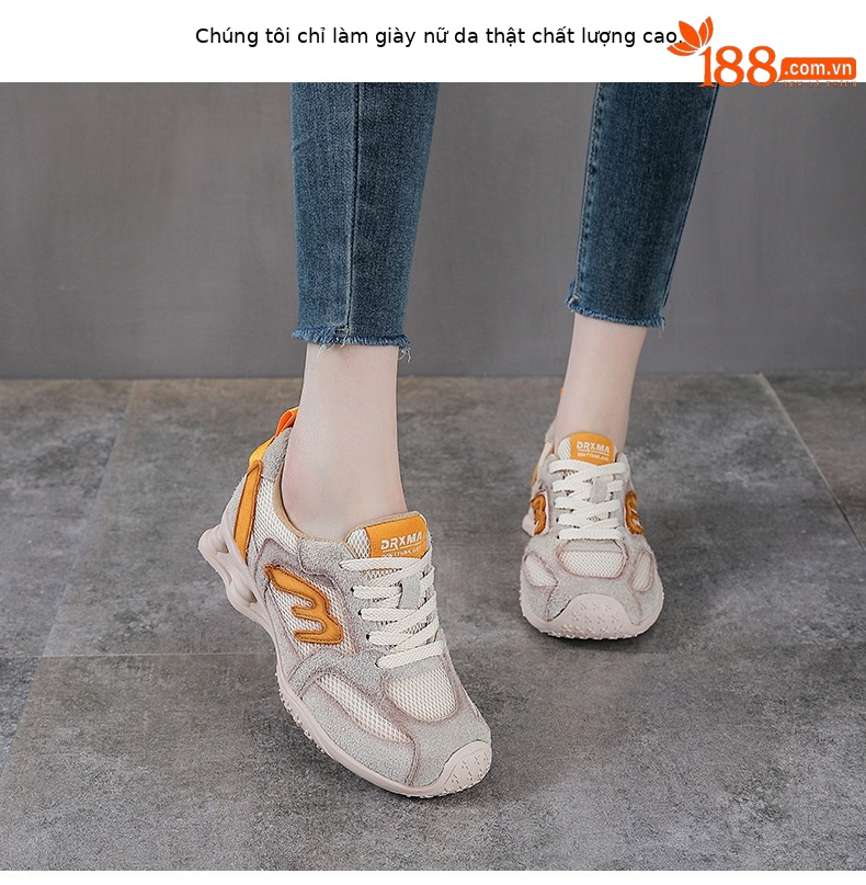 Giày sneaker nữ da thật phong cách cổ điển đế bệt — màu be chi tiết 2