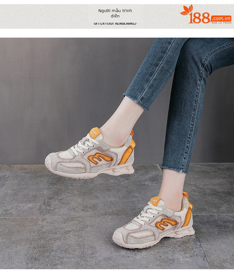 Giày sneaker nữ da thật phong cách cổ điển đế bệt — màu be chi tiết 9
