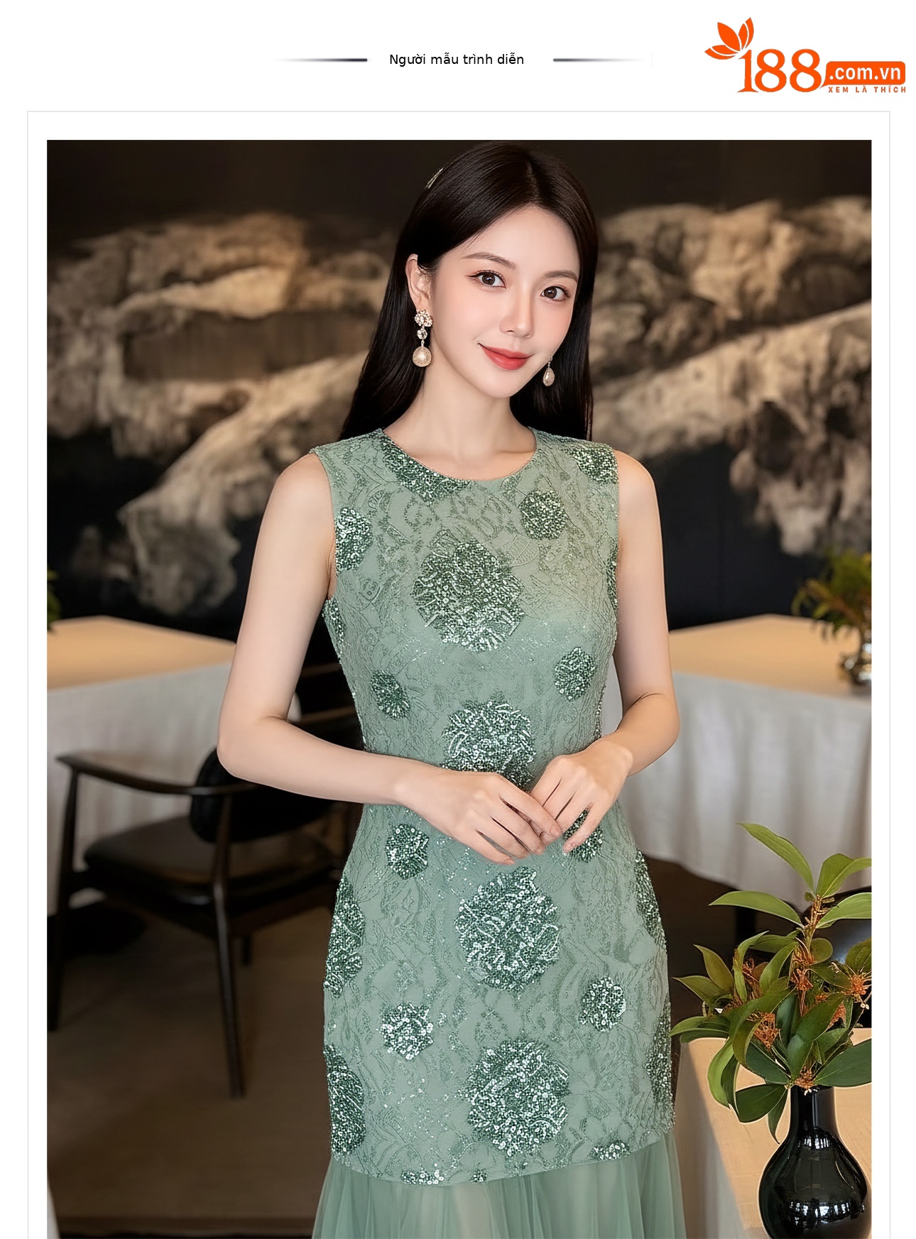 Đầm maxi nữ thắt eo họa tiết hoa nhí tay không cổ tròn — Xanh lá cây nhạtcolor chi tiết 1