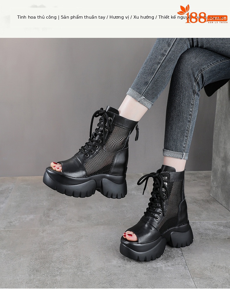 Sandal da bò cao gót 9 cm quai buộc dây hở mũi — màu đen chi tiết 1
