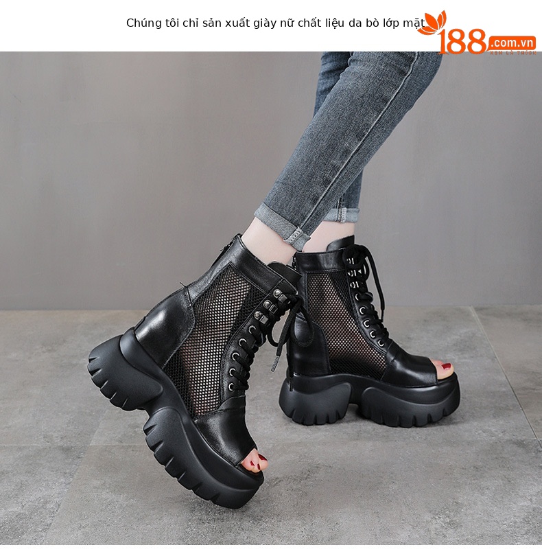 Sandal da bò cao gót 9 cm quai buộc dây hở mũi — màu đen chi tiết 2