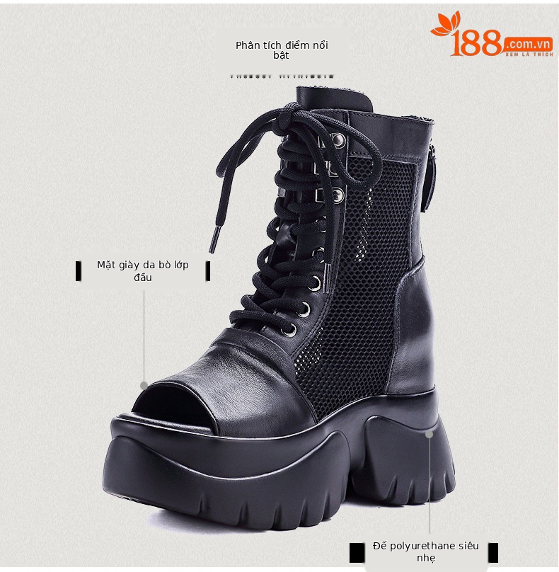 Sandal da bò cao gót 9 cm quai buộc dây hở mũi — màu đen chi tiết 3
