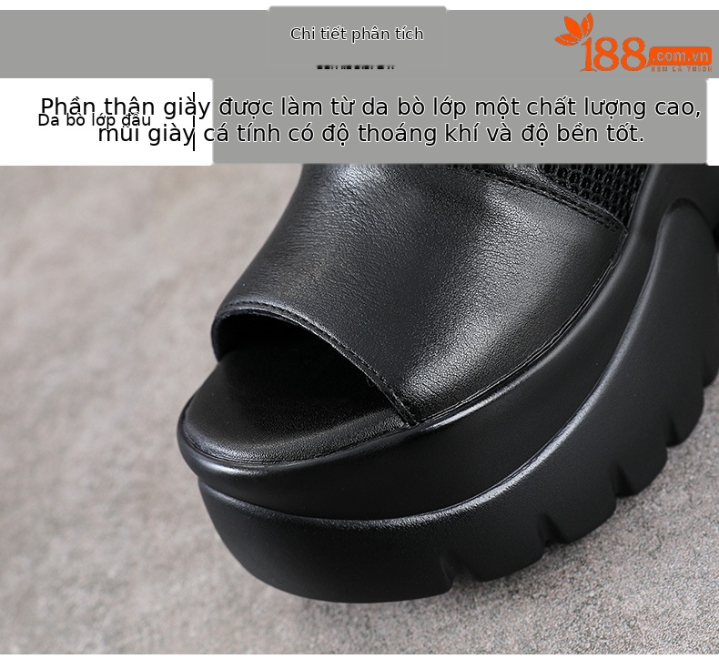 Sandal da bò cao gót 9 cm quai buộc dây hở mũi — màu đen chi tiết 4