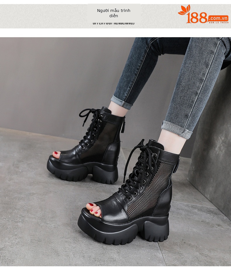 Sandal da bò cao gót 9 cm quai buộc dây hở mũi — màu đen chi tiết 9