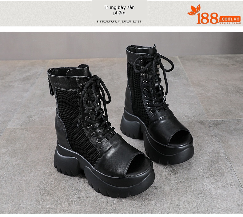 Sandal da bò cao gót 9 cm quai buộc dây hở mũi — màu đen chi tiết 10