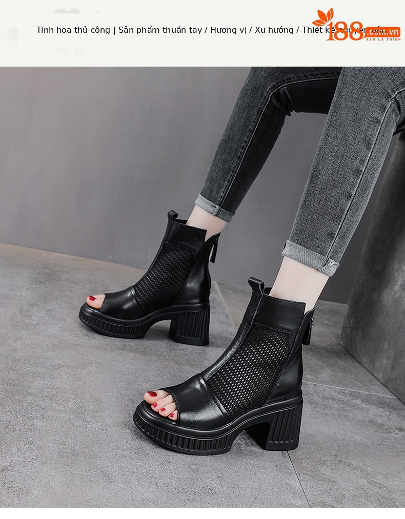 Sandal peep toe nữ da bò đế dày gót vuông, kiểu dáng La Mã lưới thoáng khí — màu đen chi tiết 1