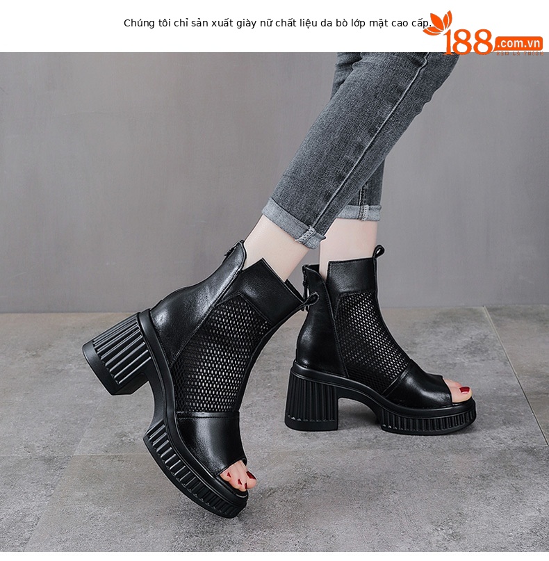 Sandal peep toe nữ da bò đế dày gót vuông, kiểu dáng La Mã lưới thoáng khí — màu đen chi tiết 2