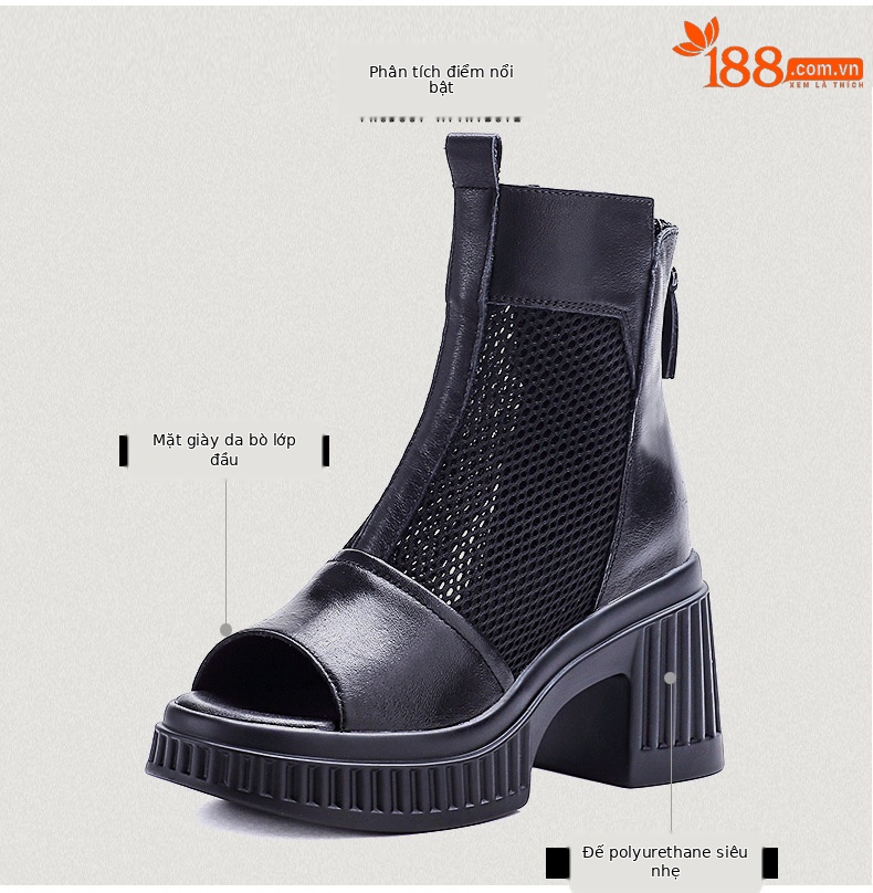 Sandal peep toe nữ da bò đế dày gót vuông, kiểu dáng La Mã lưới thoáng khí — màu đen chi tiết 3