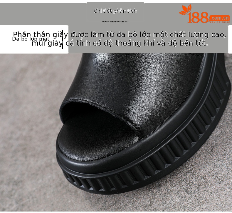 Sandal peep toe nữ da bò đế dày gót vuông, kiểu dáng La Mã lưới thoáng khí — màu đen chi tiết 4