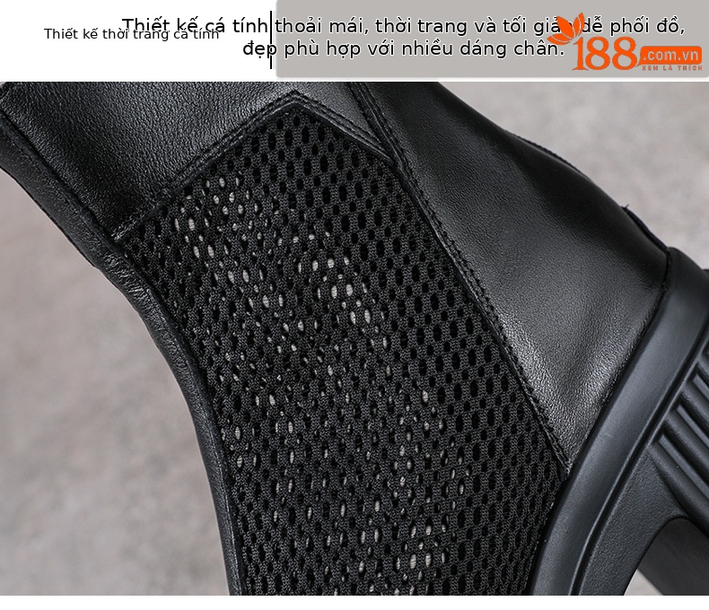Sandal peep toe nữ da bò đế dày gót vuông, kiểu dáng La Mã lưới thoáng khí — màu đen chi tiết 5