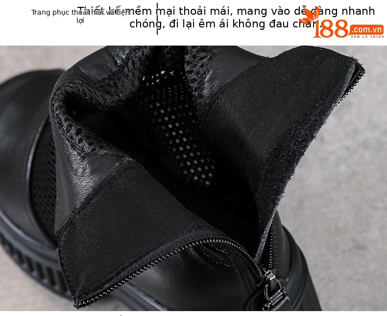 Sandal peep toe nữ da bò đế dày gót vuông, kiểu dáng La Mã lưới thoáng khí — màu đen chi tiết 6