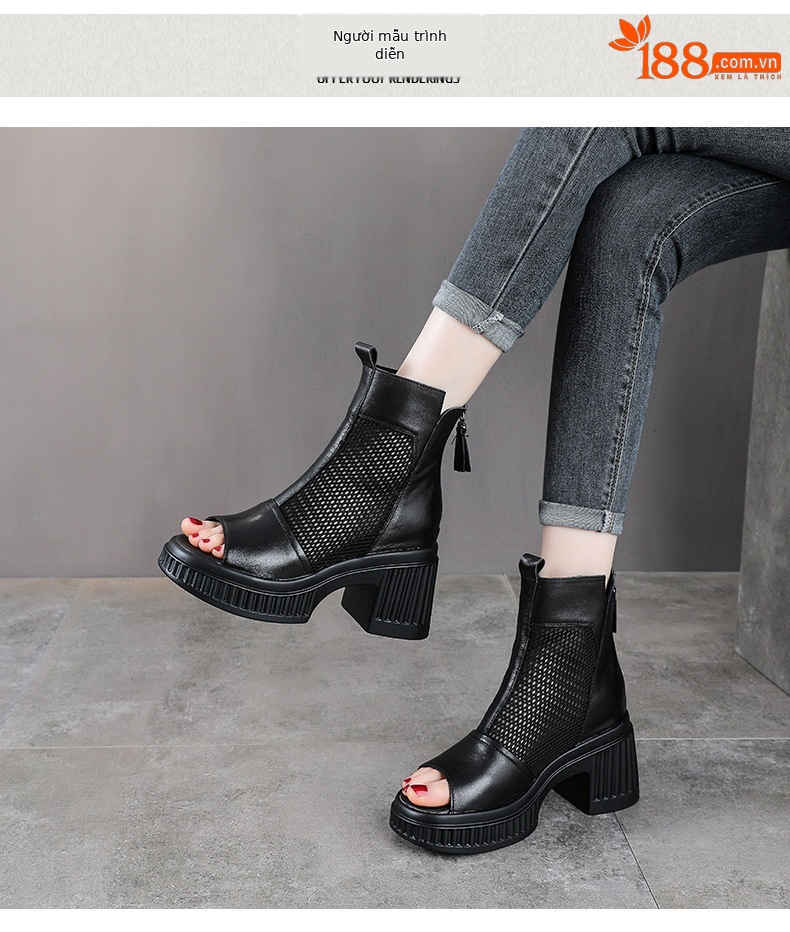 Sandal peep toe nữ da bò đế dày gót vuông, kiểu dáng La Mã lưới thoáng khí — màu đen chi tiết 9