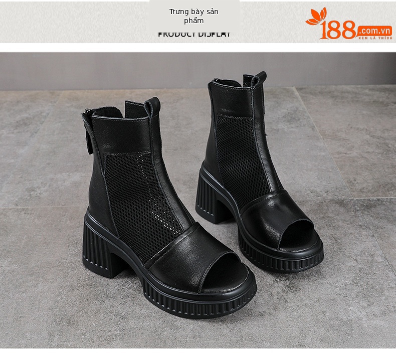 Sandal peep toe nữ da bò đế dày gót vuông, kiểu dáng La Mã lưới thoáng khí — màu đen chi tiết 10