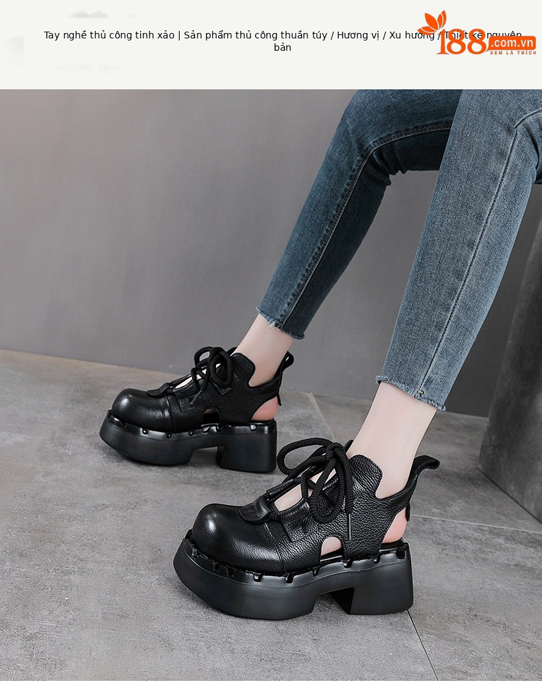 Boot nữ da bò cổ thấp đế dày thoáng khí — màu đen chi tiết 1