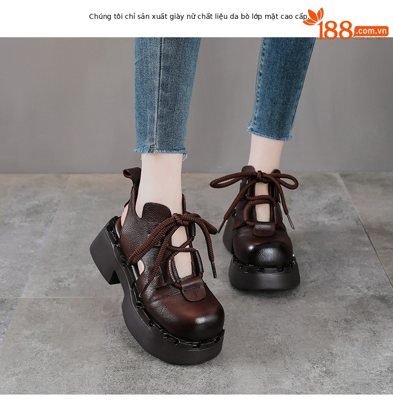 Boot nữ da bò cổ thấp đế dày thoáng khí — màu đen chi tiết 2