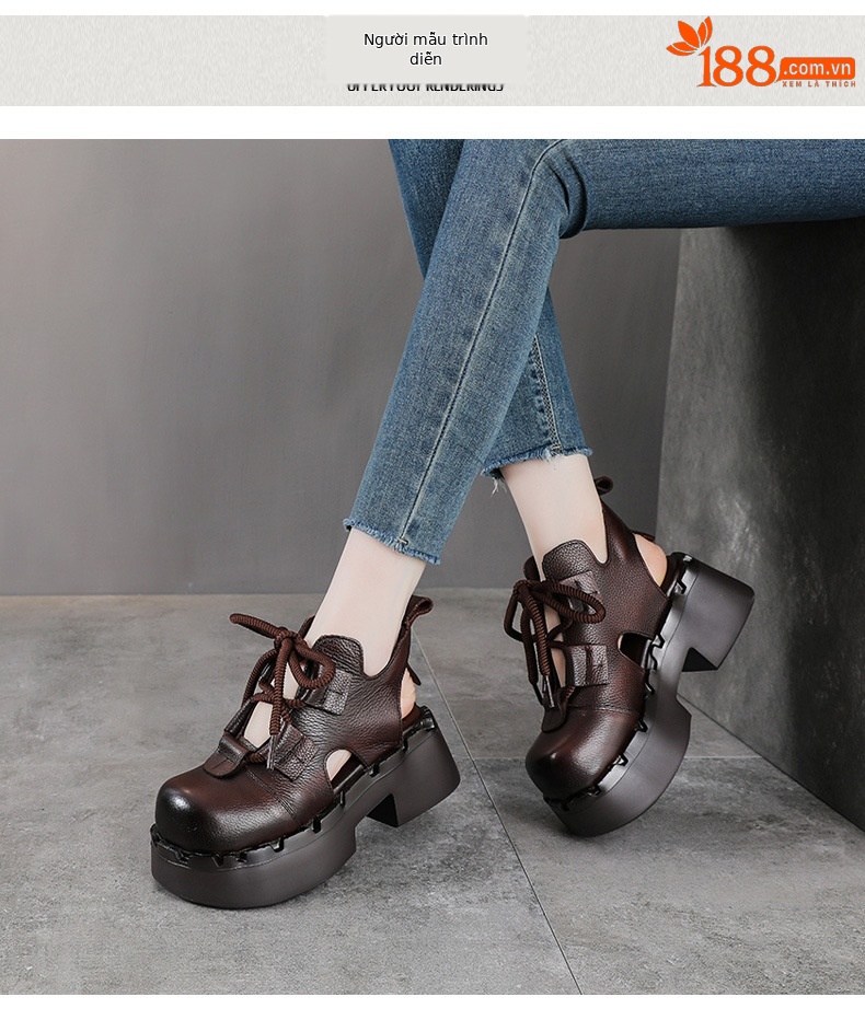 Boot nữ da bò cổ thấp đế dày thoáng khí — màu đen chi tiết 9