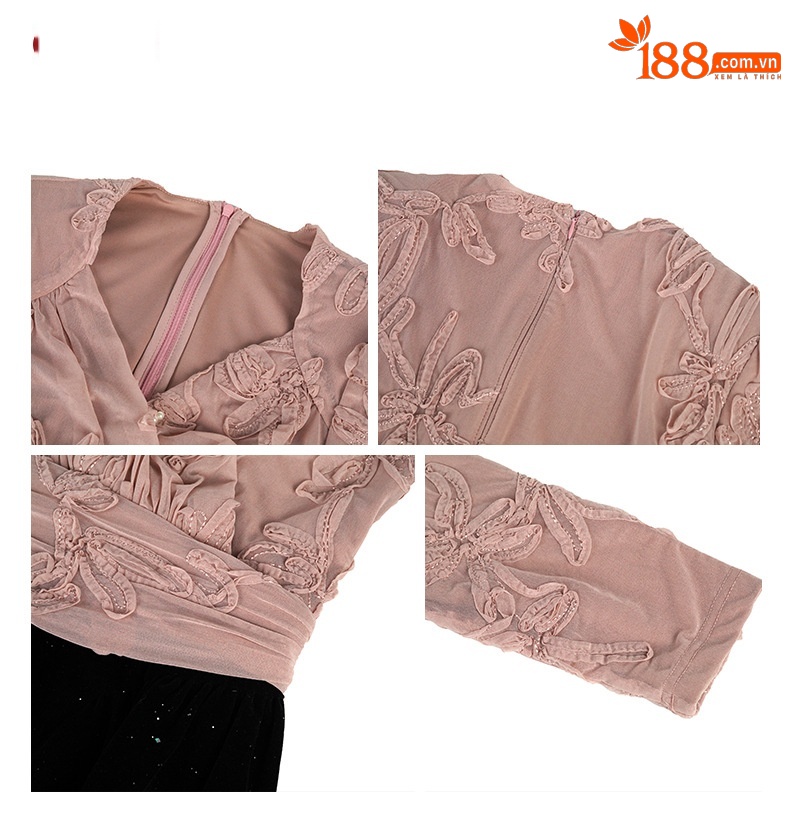 Đầm maxi nữ thắt eo ren kết hợp nhung xòe lớn — đen chi tiết 2