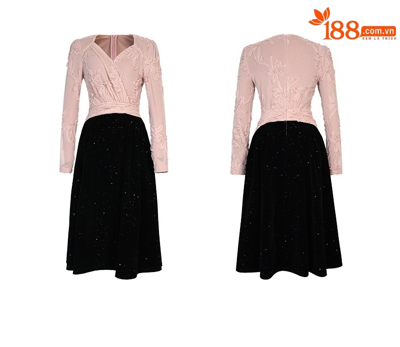 Đầm maxi nữ thắt eo ren kết hợp nhung xòe lớn — đen chi tiết 3