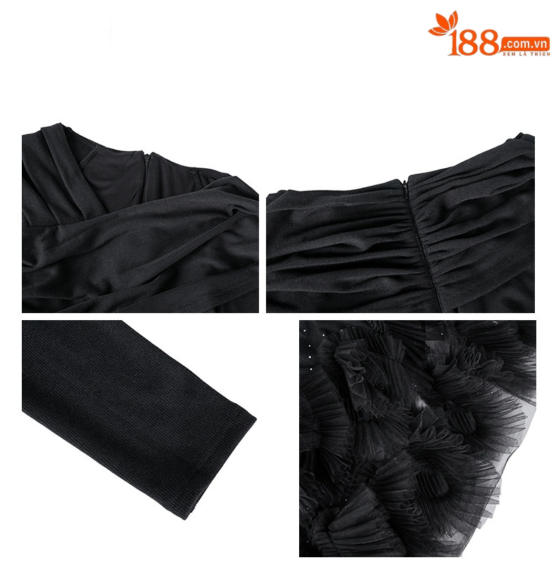 Đầm suông nữ midi cổ V xếp ly che bụng, họa tiết chấm bi, tay phồng lưới — đen chi tiết 1